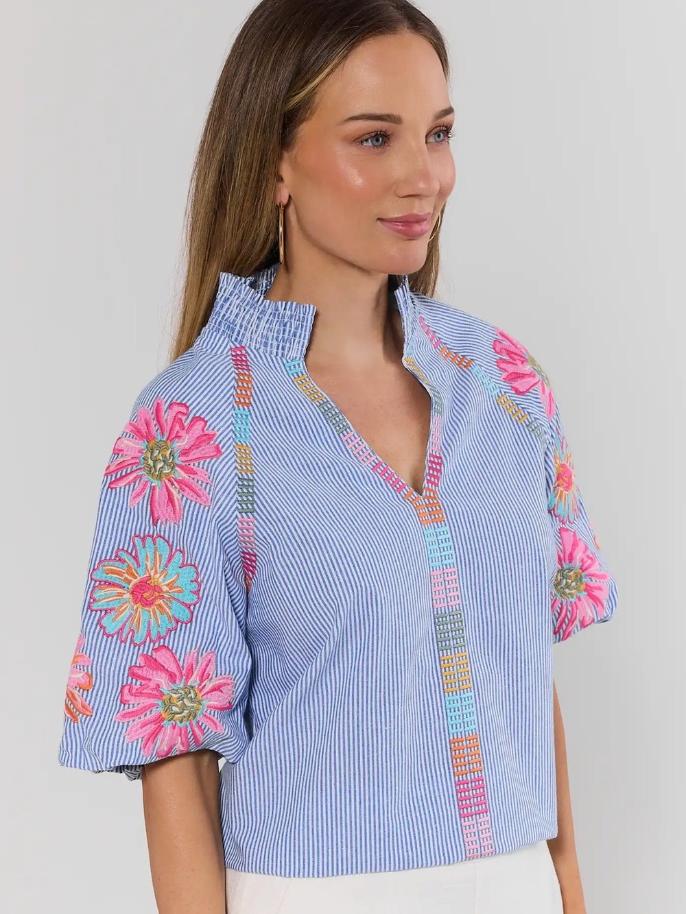 NWT THML Blue Floral Striped Embroidered Top - size extra small - Picture 4 of 15